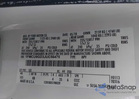 2018 Ford Escape Se из США, поврежденный, VIN 1FMCU9GD3JUC56475